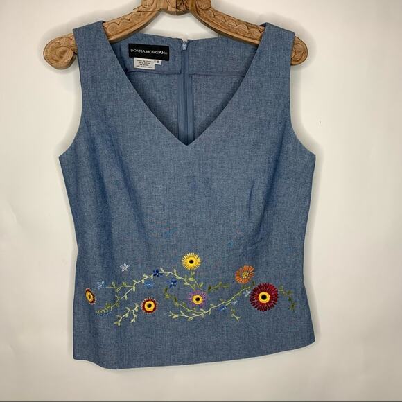 Chambray Embroidered Floral Shell Tank Fitted Sz 8 - Picture 5 of 9